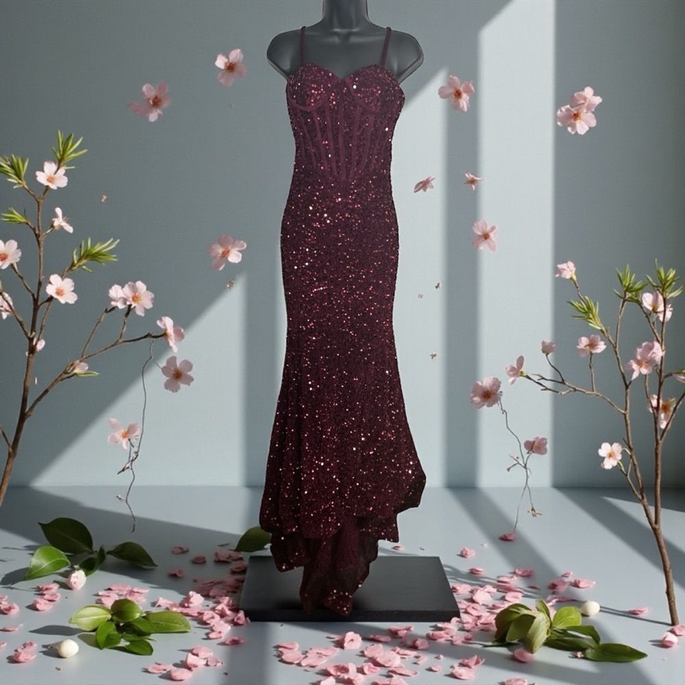 Elegant Burgundy Velvet Sequin Evening Gown Size 0